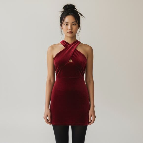 NBD Red Velvet Mini Dress – Crisscross Halter Med Revolve Festive Holidays - Picture 1 of 10